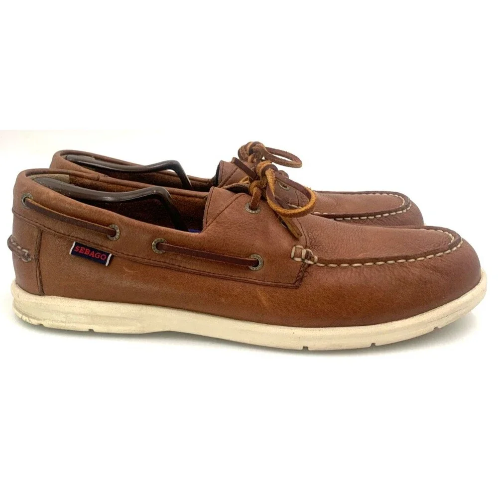 Mens Sebago Docksides Portland Size 12W Boat Shoes Brown Leather Preppy Nautical
